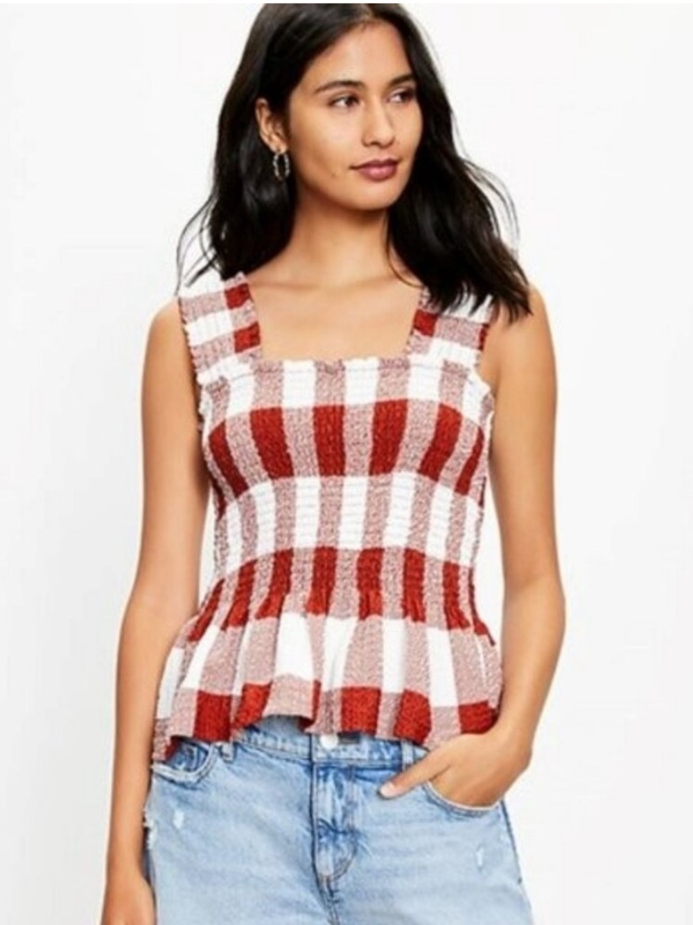 Loft Red Gingham Smocked Peplum Sleeveless Tank Top